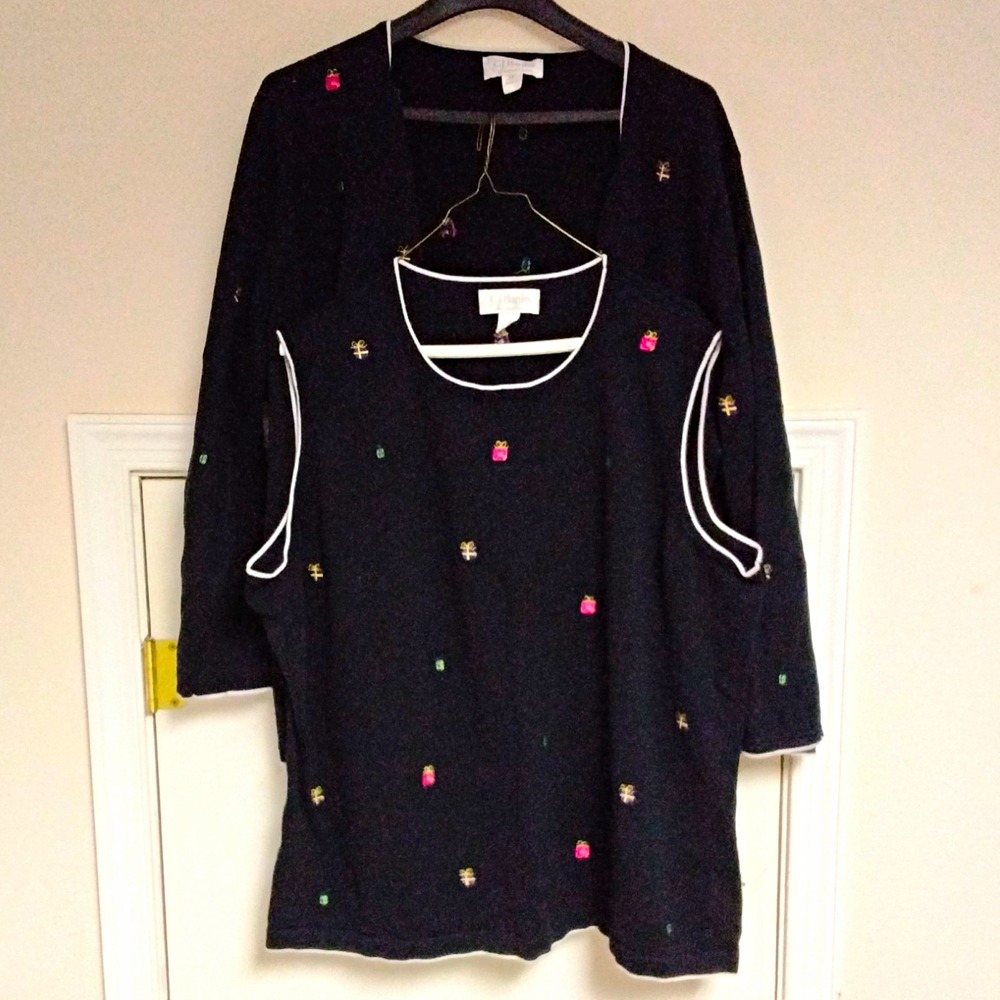 C.J. Banks 3X Plus 2pc Cardigan & Tank Set Black Embroidered Christmas